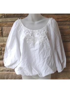 Metro Wear White Cotton Peasant Blouse L Lace Trim Boho Cottagecore Top
